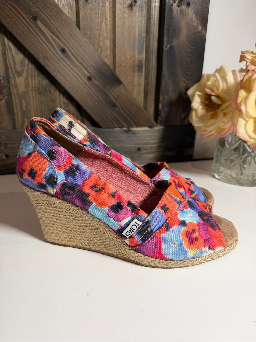 TOMS Floral Canvas Wedge Sandals in Red, Blue & Pink